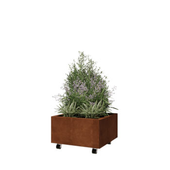 Jardinière en acier Corten - Carré - 60 x 60 x 30 cm - Avec plaque de fond - Avec roulettes