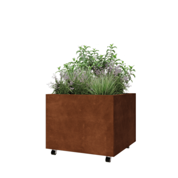 Jardinière en acier Corten - Carré - 80 x 80 x 60 cm - Avec plaque de fond - Avec roulettes