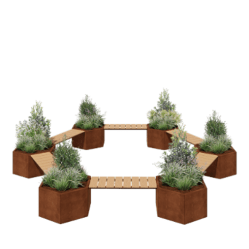 Jardinière en acier Corten - Configuration feu de camp - 502,2 x 459,2 x 50 cm - Avec banc - Sanc plaque de fond