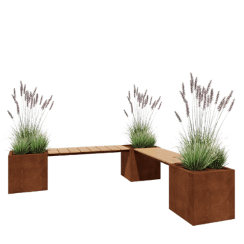 Jardinière en acier Corten - Carré - Configuration d'angle - 221,2 x 221,2 x 50 cm - Avec banc - Avec plaque de fond