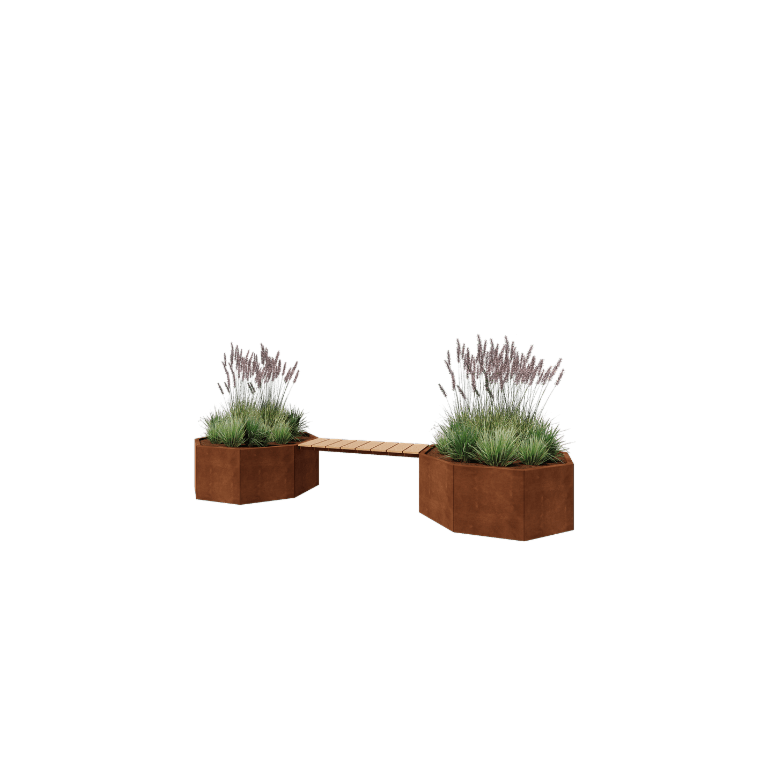Jardinière en acier Corten - Octogone - 362,6 x 120,7 x 50 cm - Avec banc - Sanc plaque de fond