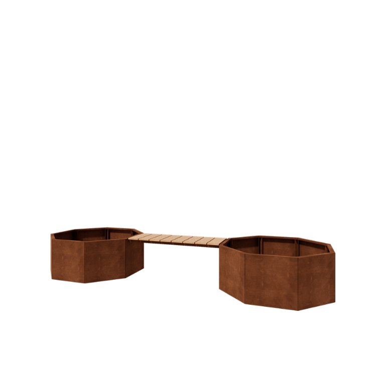 Jardinière en acier Corten - Octogone - 362,6 x 120,7 x 50 cm - Avec banc - Sanc plaque de fond