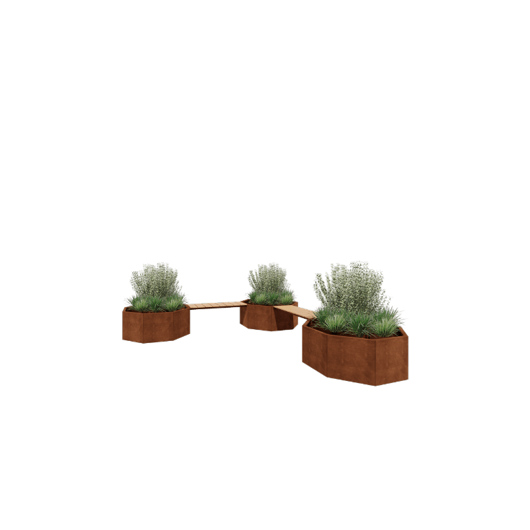 Jardinière en acier Corten - Octogone - Configuration d'angle - 362,6 x 120,7 x 50 cm - Avec banc - Sanc plaque de fond