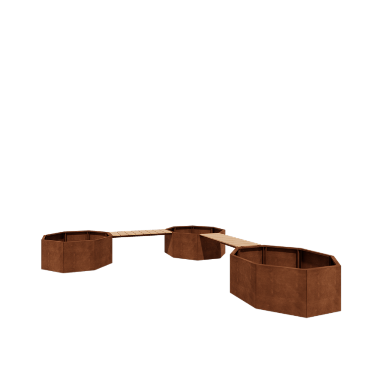 Jardinière en acier Corten - Octogone - Configuration d'angle - 362,6 x 120,7 x 50 cm - Avec banc - Sanc plaque de fond