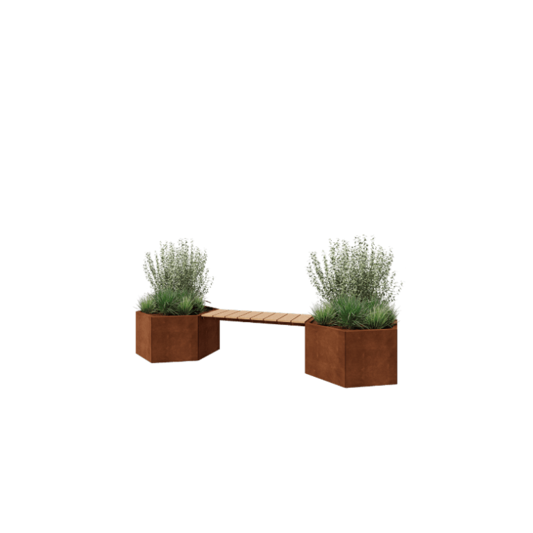 Jardinière en acier Corten - Hexagone - 294,4 x 99,3 x 50 cm - Avec banc - Sanc plaque de fond