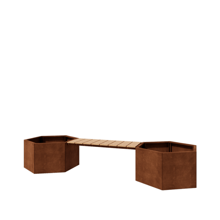 Jardinière en acier Corten - Hexagone - 294,4 x 99,3 x 50 cm - Avec banc - Sanc plaque de fond