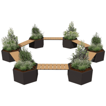 Bac à plantes en acier thermolaqué avec banc Vegas installation du feu de camp