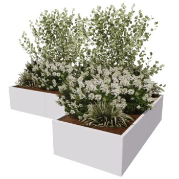 Jardinière en acier - Forme en L - 300 x 200 x 100 cm - RAL9010 mat (blanc) - Avec plaque de fond