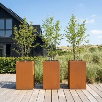 Jardinière en acier Corten - Carré - 50 x 50 x 80 cm - Avec plaque de fond - Avec roulettes