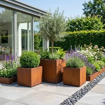 Jardinière en acier Corten - Carré - 40 x 40 x 40 cm - Avec plaque de fond - Avec roulettes