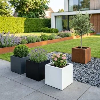 Jardinière en acier - Carré - 40 x 40 x 60 cm - RAL9005 mat (noir) - Avec plaque de fond - Avec roulettes
