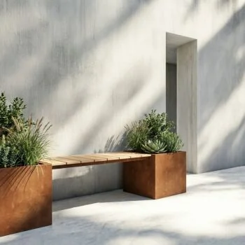 Jardinière en acier Corten - Carré - 221,2 x 50 x 50 cm - Avec banc - Avec plaque de fond