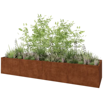 Jardinière XXL en acier Corten - Rectangle - 480 x 120 x 80 cm - Avec plaque de fond