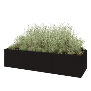 Jardinière XXL en acier - Rectangle - 360 x 120 x 80 cm - RAL9005 mat (noir) - Avec plaque de fond
