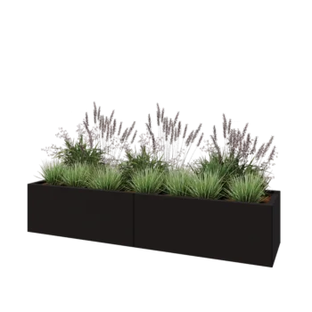 Jardinière XXL en acier - Rectangle - 200 x 50 x 40 cm - RAL9005 mat (noir) - Avec plaque de fond