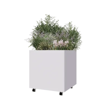 Jardinière en acier - Carré - 70 x 70 x 70 cm - RAL9010 mat (blanc) - Avec plaque de fond - Avec roulettes