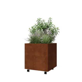 Jardinière en acier Corten - Carré - 60 x 60 x 60 cm - Avec plaque de fond - Avec roulettes