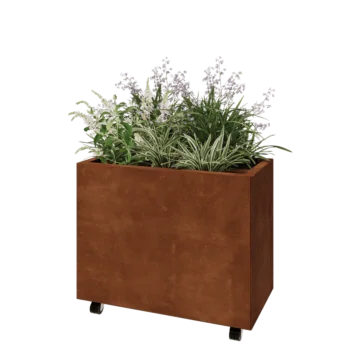 Jardinière en acier Corten - Rectangle - 80 x 40 x 60 cm - Avec plaque de fond - Avec roulettes