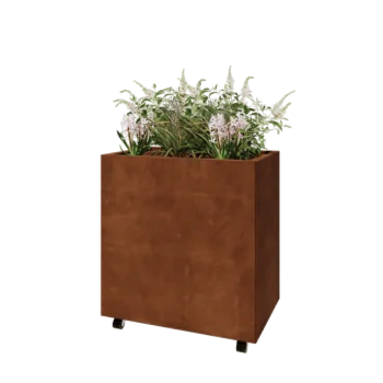 Jardinière en acier Corten - Rectangle - 80 x 50 x 80 cm - Avec plaque de fond - Avec roulettes