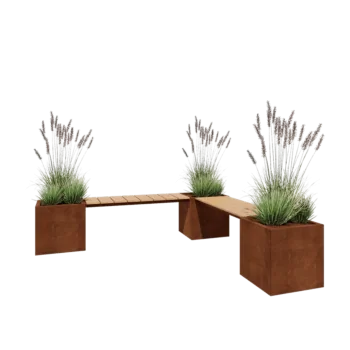 Jardinière en acier Corten - Carré - Configuration d'angle - 221,2 x 221,2 x 50 cm - Avec banc - Avec plaque de fond