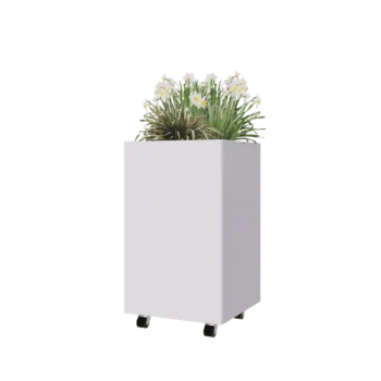 Jardinière en acier - Carré - 50 x 50 x 80 cm - RAL9010 mat (blanc) - Avec plaque de fond - Avec roulettes