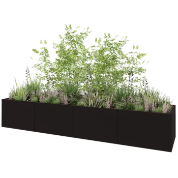 Jardinière XXL en acier - Rectangle - 480 x 100 x 80 cm - RAL9005 mat (noir) - Sanc plaque de fond