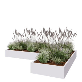 Jardinière en acier - Forme en L - 300 x 200 x 30 cm - RAL9010 mat (blanc) - Avec plaque de fond