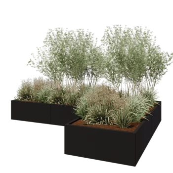 Jardinière en acier - Forme en L - 300 x 200 x 40 cm - RAL9005 mat (noir) - Avec plaque de fond