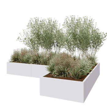 Jardinière en acier - Forme en L - 300 x 200 x 40 cm - RAL9010 mat (blanc) - Avec plaque de fond