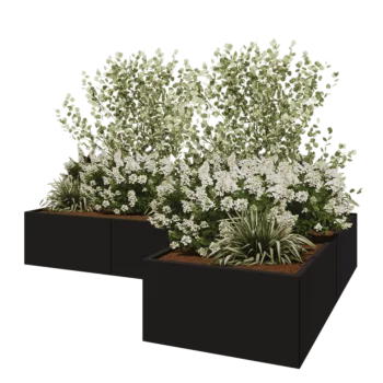 Jardinière en acier - Forme en L - 300 x 200 x 50 cm - RAL9005 mat (noir) - Sanc plaque de fond