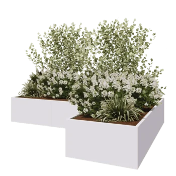 Jardinière en acier - Forme en L - 300 x 200 x 50 cm - RAL9010 mat (blanc) - Avec plaque de fond