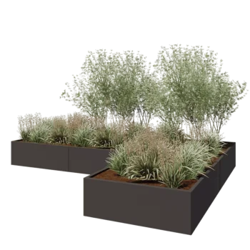 Jardinière en acier - Forme en L - 360 x 240 x 40 cm - Autre couleur RAL - Avec plaque de fond