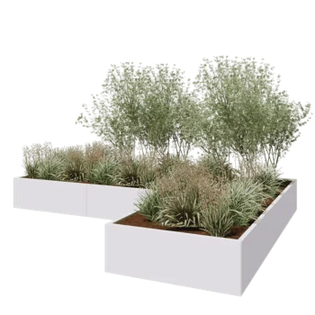 Jardinière en acier - Forme en L - 360 x 240 x 40 cm - RAL9010 mat (blanc) - Avec plaque de fond