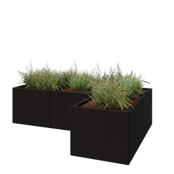 Jardinière en acier - Forme en L - 150 x 100 x 40 cm - RAL9005 mat (noir) - Avec plaque de fond