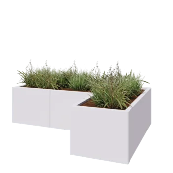 Jardinière en acier - Forme en L - 150 x 100 x 40 cm - RAL9010 mat (blanc) - Avec plaque de fond