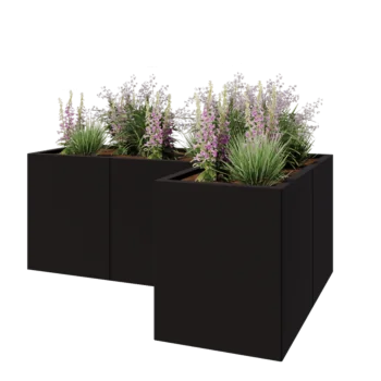 Jardinière en acier - Forme en L - 150 x 100 x 60 cm - RAL9005 mat (noir) - Sanc plaque de fond