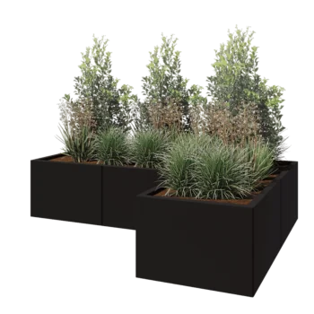 Jardinière en acier - Forme en L - 180 x 120 x 40 cm - RAL9005 mat (noir) - Avec plaque de fond