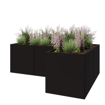 Jardinière en acier - Forme en L - 180 x 120 x 60 cm - RAL9005 mat (noir) - Avec plaque de fond