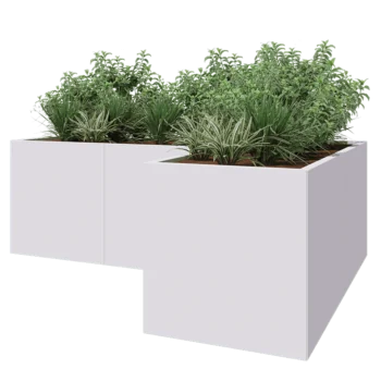 Jardinière en acier - Forme en L - 210 x 140 x 70 cm - RAL9010 mat (blanc) - Avec plaque de fond
