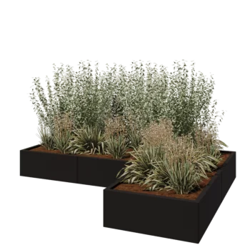 Jardinière en acier - Forme en L - 240 x 160 x 30 cm - RAL9005 mat (noir) - Avec plaque de fond