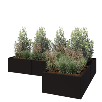 Jardinière en acier - Forme en L - 240 x 160 x 40 cm - RAL9005 mat (noir) - Sanc plaque de fond