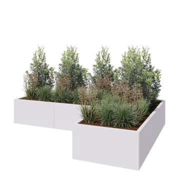 Jardinière en acier - Forme en L - 240 x 160 x 40 cm - RAL9010 mat (blanc) - Avec plaque de fond