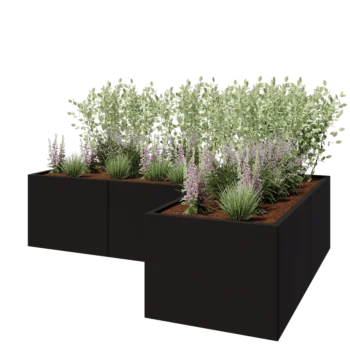 Jardinière en acier - Forme en L - 240 x 160 x 60 cm - RAL9005 mat (noir) - Avec plaque de fond