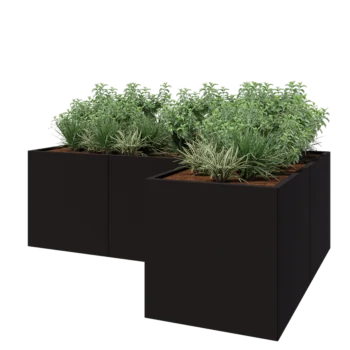 Jardinière en acier - Forme en L - 240 x 160 x 80 cm - RAL9005 mat (noir) - Avec plaque de fond