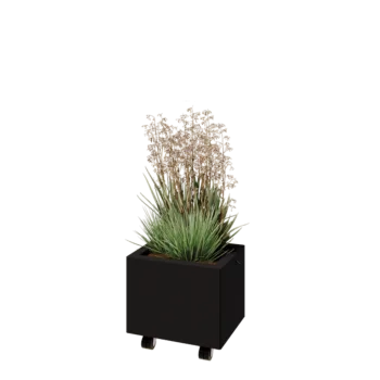 Jardinière en acier - Rectangle - 40 x 30 x 30 cm - RAL9005 mat (noir) - Avec plaque de fond - Avec roulettes