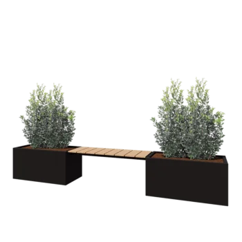 Jardinière en acier - Rectangle - 321,2 x 50 x 50 cm - RAL9005 mat (noir) - Avec plaque de fond - Avec banc 